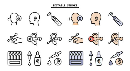 Personal hygiene routine and care. Editable stroke. Essential icons representing various ear treatments and care, including cleaning, medication, and medical interventions.