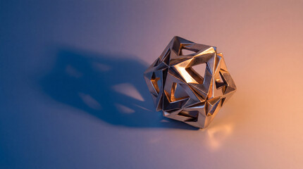 A geometric metallic shape rests on a luminous surface, casting intriguing shadows that highlight its complex triangular openings and form.