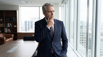 A mature businessman in a suit stands thoughtfully by a large window. He gazes out at the cityscape, a hand resting on his chin in contemplation.