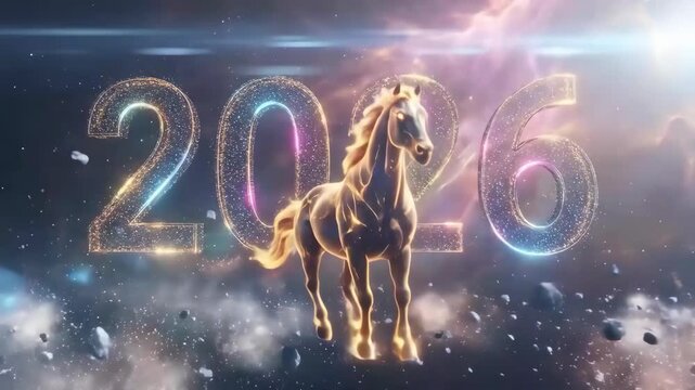 Golden glowing horse galloping in cosmic space with sparkling 2026 numeral galaxy and space cosmic