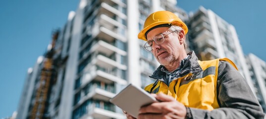 Construction Worker Reviewing Quality Checklist on Digital Device at Site