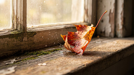A fiery maple leaf rests on a rustic windowsill next to a weathered window. The morning light catches tiny dewdrops clinging to the leaf and surrounding wood.