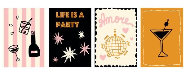  Elegant whimsical cocktail illustration poster with glass and disco ball globe. Abstract retro vintage poster design featuring refreshing drinks, perfect for summer bar menus and beverage concepts.