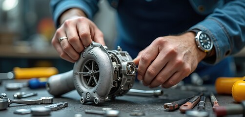 Mechanic assembles turbocharger on workbench with tools. Close up on hands working on intricate metal part, showing precision and skill. Gears, engine component, and automotive repair.