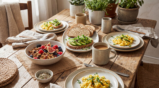 A delicious and nourishing morning meal is set on a weathered wooden table, featuring scrambled eggs, avocado toast, cereal with berries, and a warm beverage, ready to be savored. - Powered by Adobe