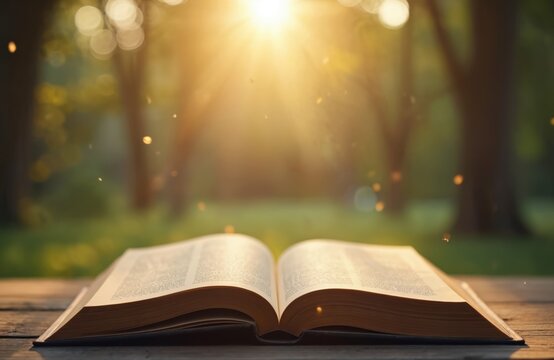 Open book on wooden table outdoors. Sunshine illuminates pages creating warm light. Concept of learning education. Nature background adds a touch of peace. Ideal for stories.