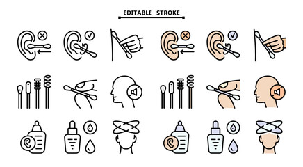 Personal hygiene routine and care. Editable stroke. Essential icons representing various ear treatments and care, including cleaning, medication, and medical interventions.