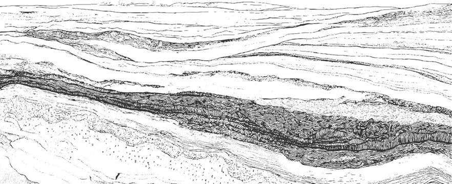 Detailed black and white illustration of folded geological strata and rock formations geology