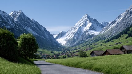 picturesque alpine village, a scenic alpine village nestled in the mountains with cozy chalets, winding roads, and distant peaks its tranquil and inviting