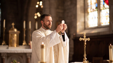 Catholic priest elevating communion host during Eucharistic consecration at altar, solemn mass in traditional church interior with candles and crucifix, sacred moment of Holy Communion and worship