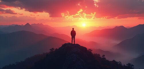 Man stands on mountain top at sunrise. Person enjoys vast mountain landscape at dawn. Silhouette of man on rocky peak overlooking mountains under vibrant morning sky.