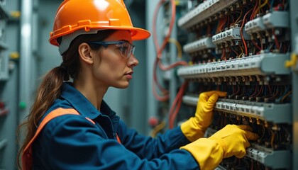 Female electrician works on electrical panel. Woman wears safety helmet gloves glasses and work clothes. Tech professional repairs or installs electrical equipment at work in facility.