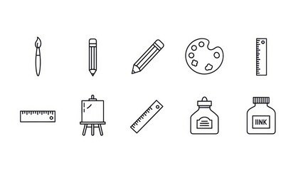 Fototapeta premium Linear art tools illustration: Paintbrush, pencils, palette, ruler, easel and ink bottles assortment