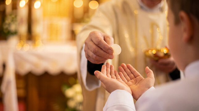 Close up of priest&rsquo;s hand giving communion host to child with cupped hands, Holy Eucharist moment during Catholic Mass, golden altar bokeh background, concept of first Holy Communion, faith and sacred