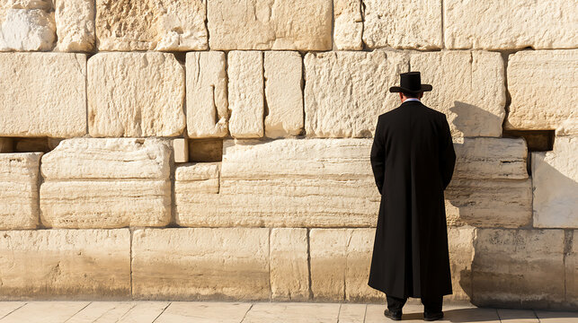Orthodox man stands at the Wailing Wall in Jerusalem, a sacred site for prayer. The textured stone wall stands as a historical and spiritual backdrop for this moment of reflection.