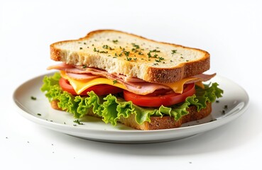 Club sandwich with ham cheese tomato and lettuce served on plate. Delicious looking meal with sliced bread and fresh greens. Isolated shot of sandwich at white background. Tasty food concept.