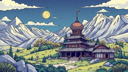 A vibrant cartoon style pagoda stands nestled among majestic mountains and clouds