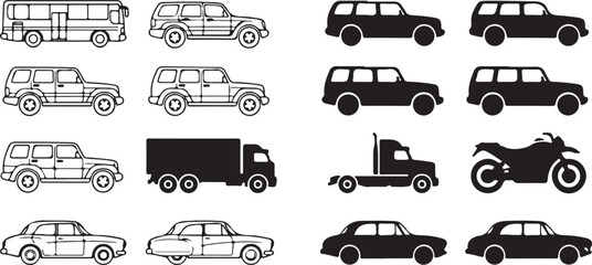 Vehicle Silhouette and Outline Vector Pack, CAD Line Art of Cars, Bikes, Scooters & Motorcycles front and side view