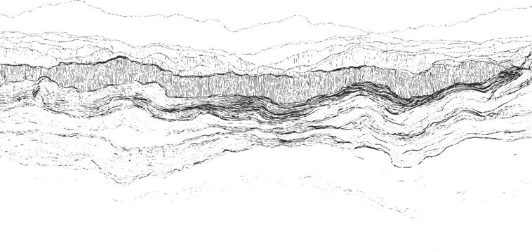 Black and white cross section illustration of layered geological strata with varied textures abstract 
