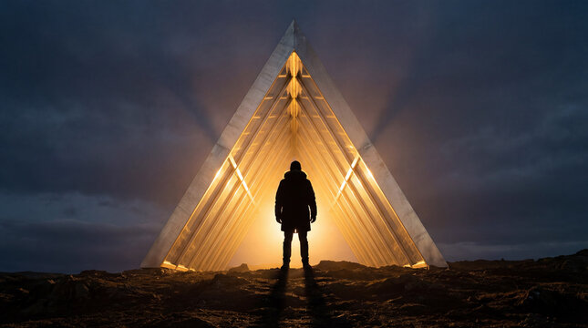 A solitary figure stands silhouetted against a radiant, triangle structure. The scene unfolds at night, under a brooding sky, possibly in the desolate landscape of Iceland.