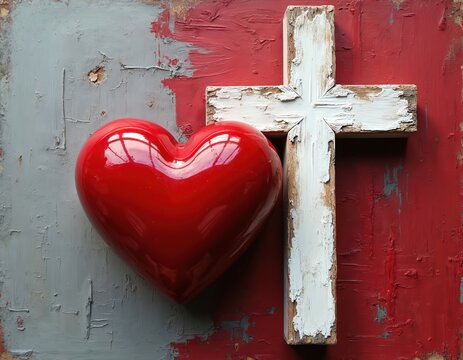 Glossy red heart rests next to weathered white wooden cross. Religious symbols combined on textured red and gray background. Represents love faith and devotion.