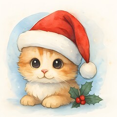 Katze mit Weihnachtsm&uuml;tze Design - Weihnachts Illustration - Winter Wallpaper - S&uuml;&szlig;es Katzen Bild - Katzen Hintergrundbild