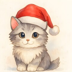 Katze mit Weihnachtsm&uuml;tze Wallpaper - Weihnachts Illustration - Winter Design - S&uuml;&szlig;es Tier Bild - Katzen Hintergrundbild