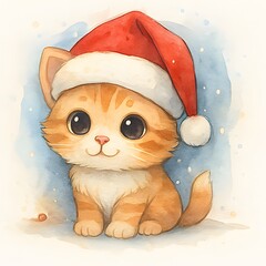 S&uuml;&szlig;e Katze mit Weihnachtsm&uuml;tze - Weihnachts Illustration - Winter Wallpaper - S&uuml;&szlig;es Tier Bild - Katzen Hintergrundbild