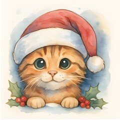 S&uuml;&szlig;e Katze mit Weihnachtsm&uuml;tze Design - Weihnachts Illustration - Winter Wallpaper - S&uuml;&szlig;es Tier Bild - Katzen Hintergrundbild