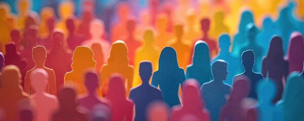 Diverse paper cutouts represent social media users. Colorful figures populate white background, showing online audience engagement, women surfers, and net citizens. Digital network group.