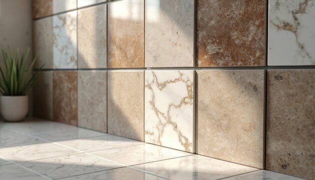 Wall tiles in assorted earth tones and marble patterns. Variety of ceramic porcelain stoneware options for home renovation. Interior design selection for kitchens and bathrooms.