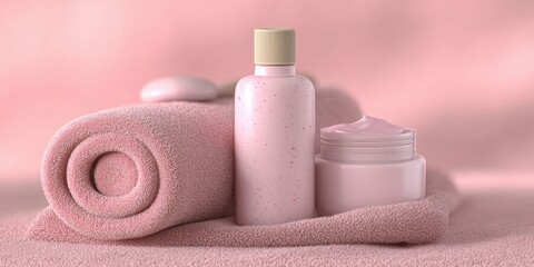 Pink Skincare Products Displayed on Folded Towels for Relaxation and Beauty Routine