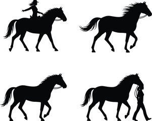 Black Silhouette Collection of Horse and Female Rider, Featuring Running Galloping Horses, Equestrian Sports, Horseback Riding, and Cowboy/Western Lifestyle Vector Set
