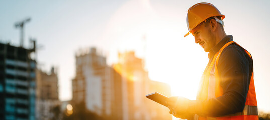 Construction Supervisor Reviewing Floor Plan on Tablet with Urban Development Backdrop