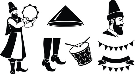 Silhouette icon set close up three traditional musicians playing drum and tambourine with boots and banners profile view flat vector design black and white vintage ornamental