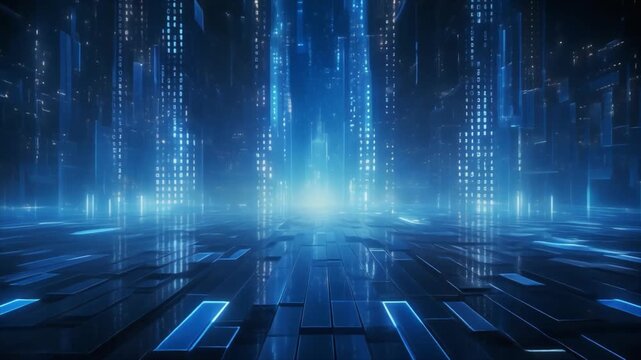 Futuristic Digital Data Stream with Glowing Blue Rectangles and Binary Code Falling from Above technology