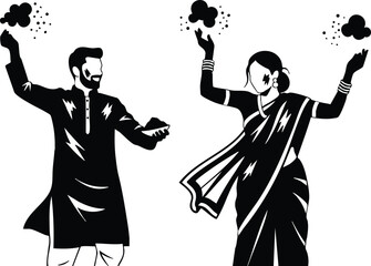 Silhouette vector side view indian couple throwing flower petals with raised arms wearing kurta and sari celebrating festival wedding joyful high contrast bold motion dynamic energy
