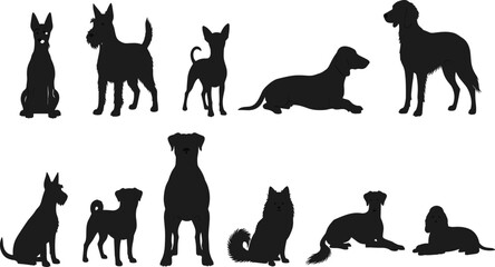 Diverse Dog Breeds Silhouette Collection: Vector Set of Canine Animal Pets Sitting, Standing, and Lying Down for Graphic Design and Mascot Logo.