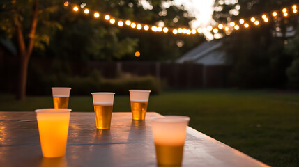 Golden hour gathering: beverages on a table under string lights, creating a cozy, relaxed atmosphere for an outdoor party. Cheers to good times with friends!