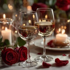 Romantic Evening with Wine and Roses on St. Valentine's Day