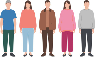 Diverse Group of Five People Flat Vector Illustration, Male and Female Models Standing in Casual Cozy Autumn Sweater Clothing and Modern Fashion Isolated on White Background