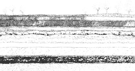 Abstract monochrome pattern of layered textures with organic shapes and dots vector. Black and white textured horizontal stripes with organic patterns and wavy lines abstract background 