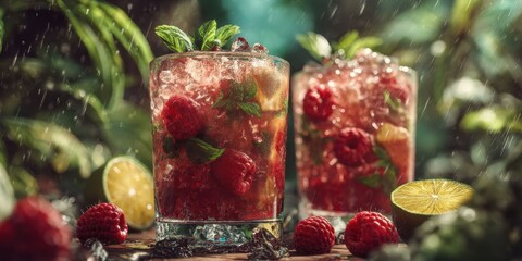 Refreshing Summer Rum Cocktail with Raspberries, Strawberries, Mint, and Ice