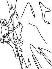 One line drawing of a rock climber ascending a steep mountain face