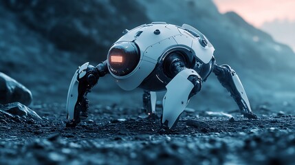 Autonomous white crawler robot traversing rugged planetary terrain with glowing red sensor