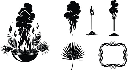 Tattoo flash close up burning incense bowl with flames and rising smoke plume palm fronds torch and decorative frame black silhouette set isolated vector elements collection