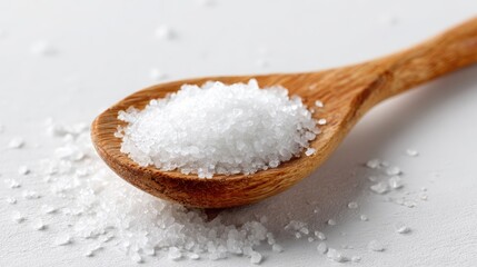 Close-up of Natural Bath Salts in Wooden Spoon on White Surface