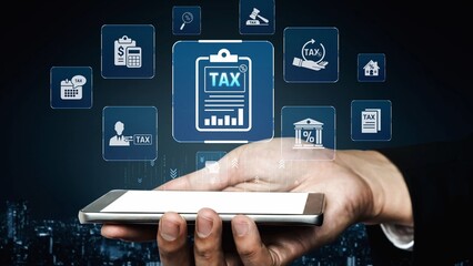 Financial regulation and tax compliance concept showing tax document, VAT, transaction flow, and...