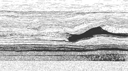 Fototapeta na wymiar Black and white cross section of geological strata with wavy lines and granular textures geology layers 