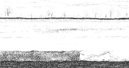 Black and white cross section of geological strata with wavy lines and granular textures geology layers 
